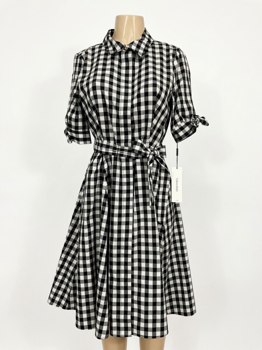 Calvin Klein Black and White Gingham Midi Shirt Dress